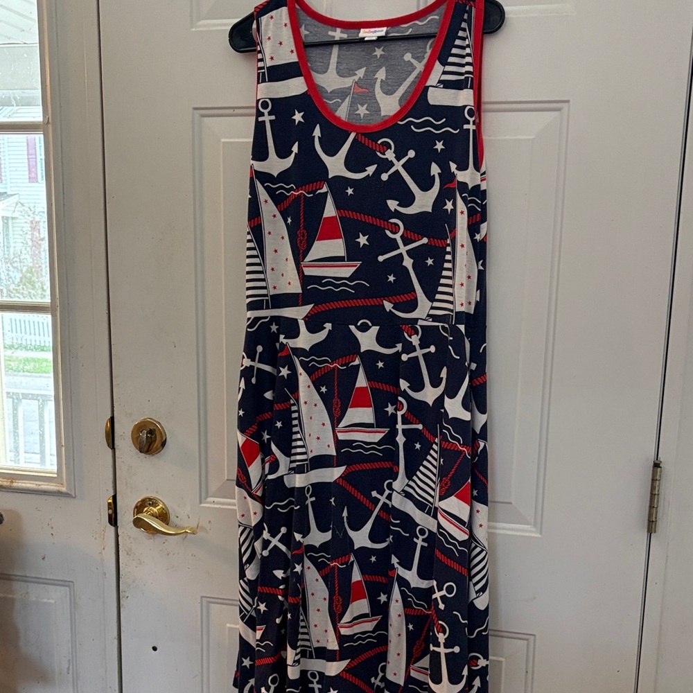 LuLaRoe Navy Nautical Star-Print Top with Red Neck Trim